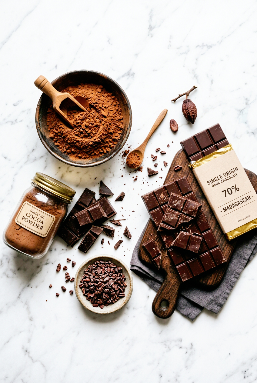 cocoa and chocolate on a white marble counter